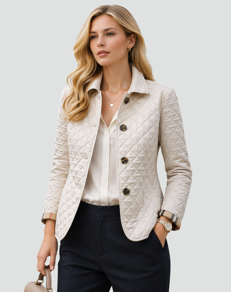 Womens quilted collarless jacket, view 2
