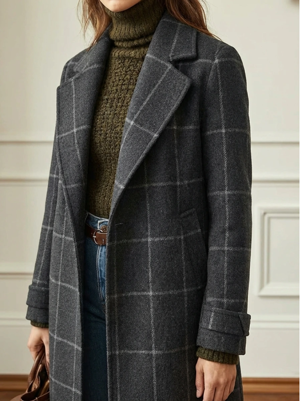 Daisy | Wool Blend Checked Coat with Lapel Collar and Belt
