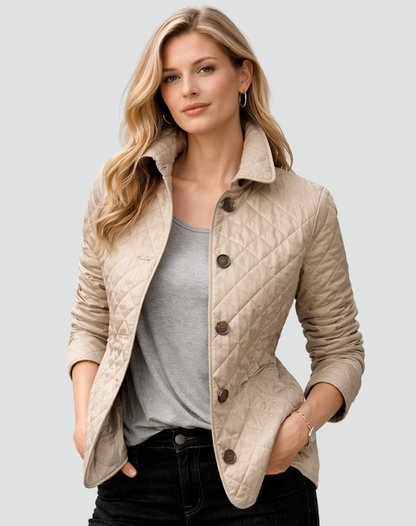 Womens quilted collarless jacket, view 3