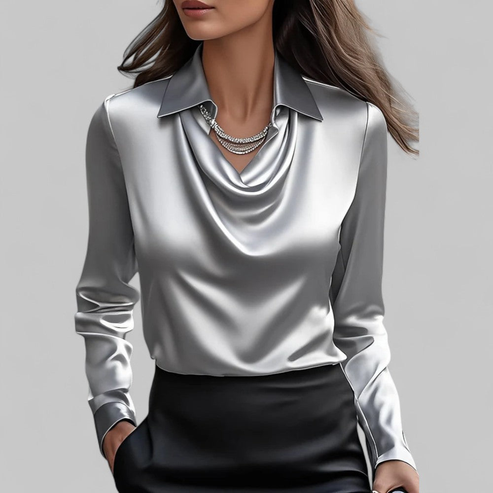 Womens satin cowl neck long sleeve blouse, view 10