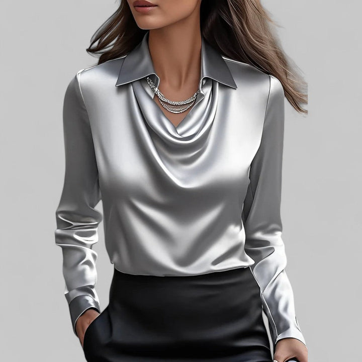 Womens satin cowl neck long sleeve blouse, view 10