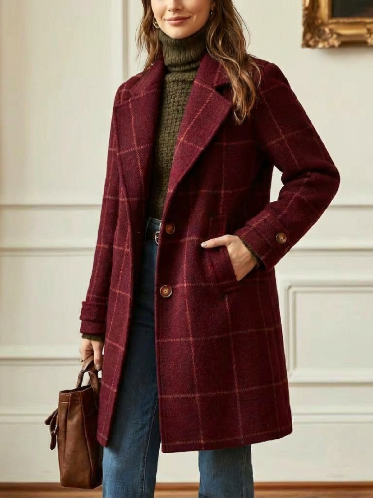 Daisy | Wool Blend Checked Coat with Lapel Collar and Belt