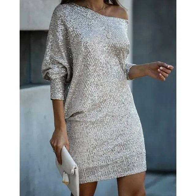 Womens sequin off-shoulder mini dress, view 3