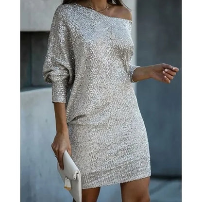 Womens sequin off-shoulder mini dress, view 3