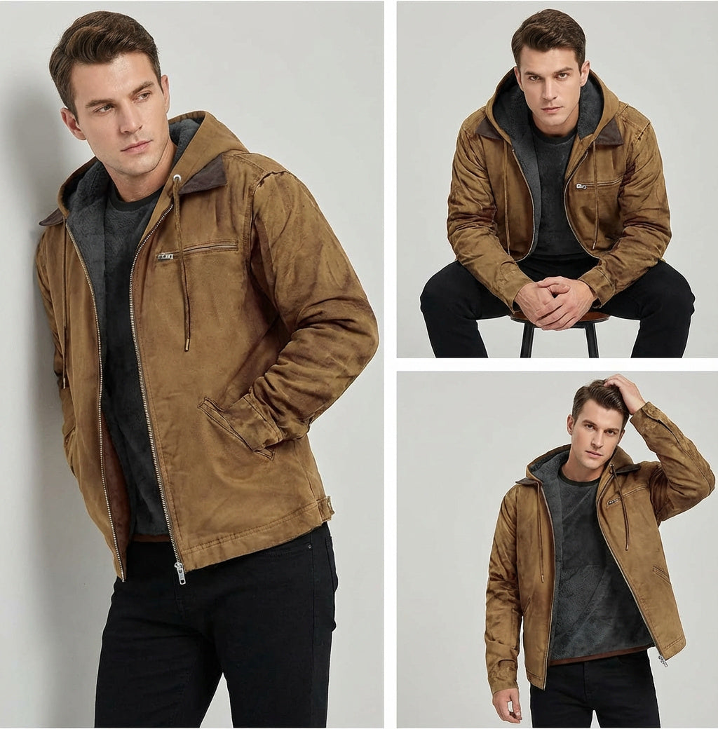 Bertie | Mens Brown Suede Hooded Zip Jacket