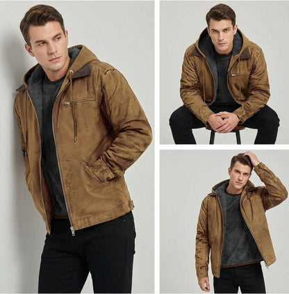 Bertie | Mens Brown Suede Hooded Zip Jacket