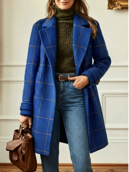 Daisy | Wool Blend Checked Coat with Lapel Collar and Belt