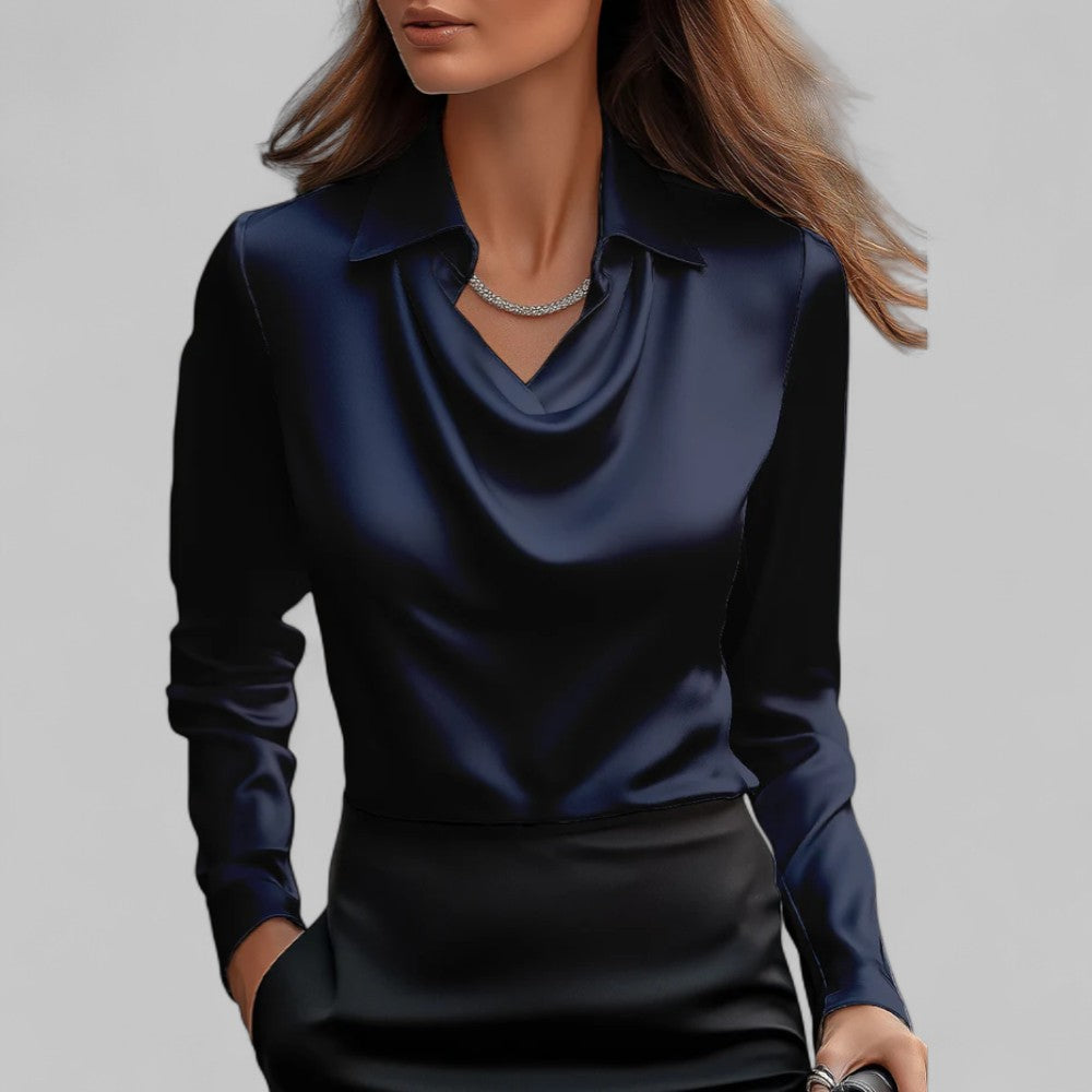 Womens satin cowl neck long sleeve blouse, view 5
