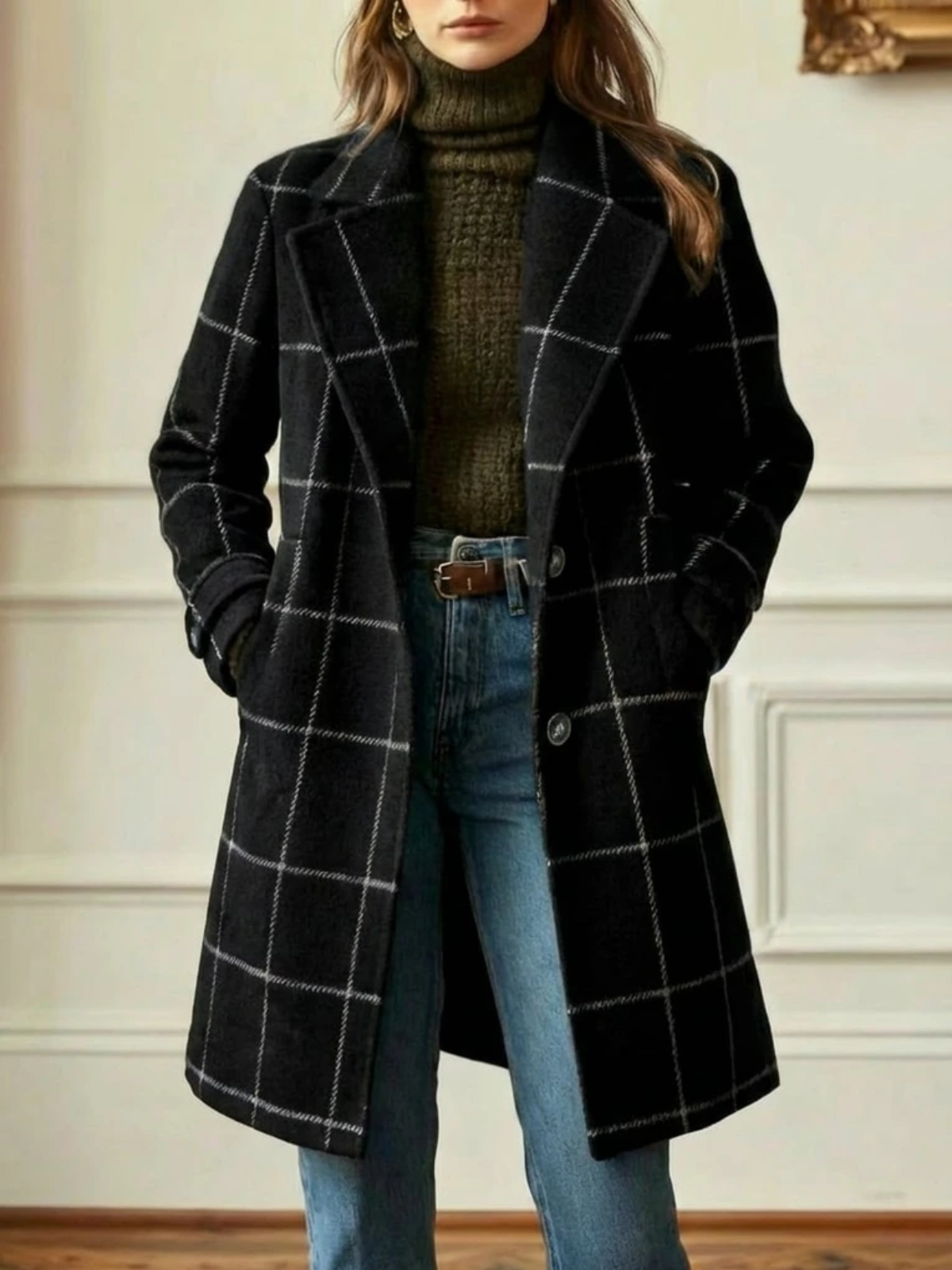 Daisy | Wool Blend Checked Coat with Lapel Collar and Belt