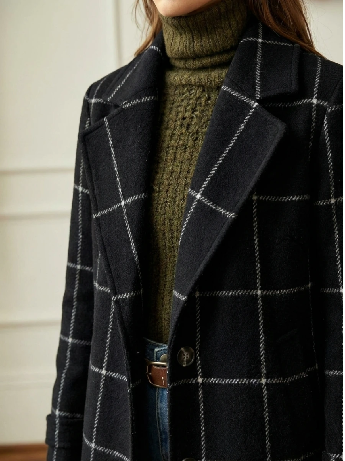 Daisy | Wool Blend Checked Coat with Lapel Collar and Belt