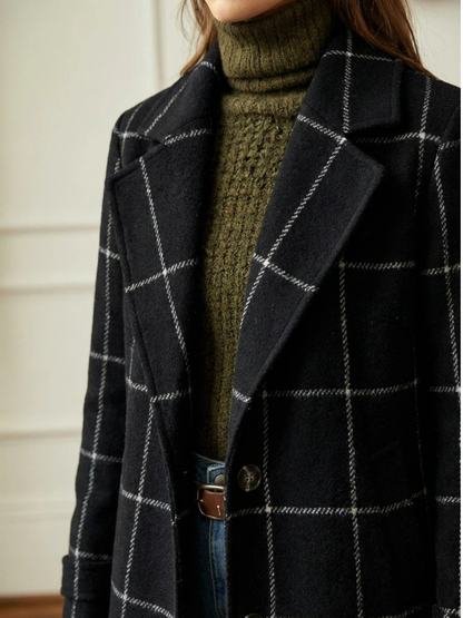 Daisy | Wool Blend Checked Coat with Lapel Collar and Belt