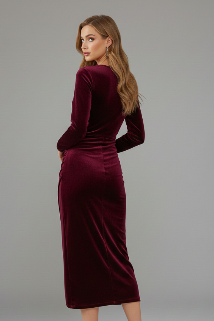 Evie | Long Sleeve Velvet Wrap Midi Dress