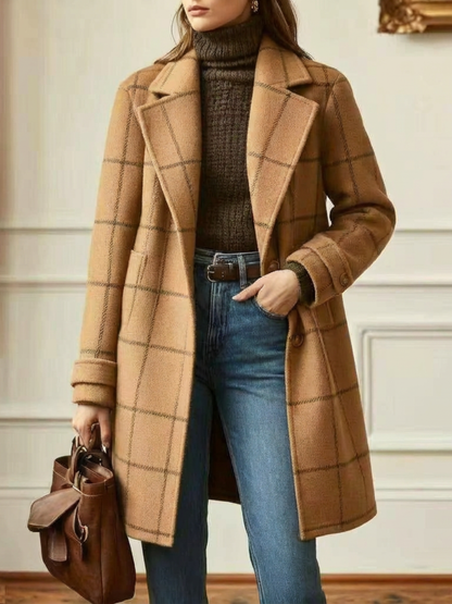 Daisy | Wool Blend Checked Coat with Lapel Collar and Belt