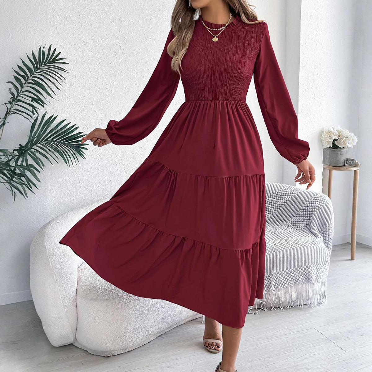 Womens smocked bodice tiered midi dress, view 3