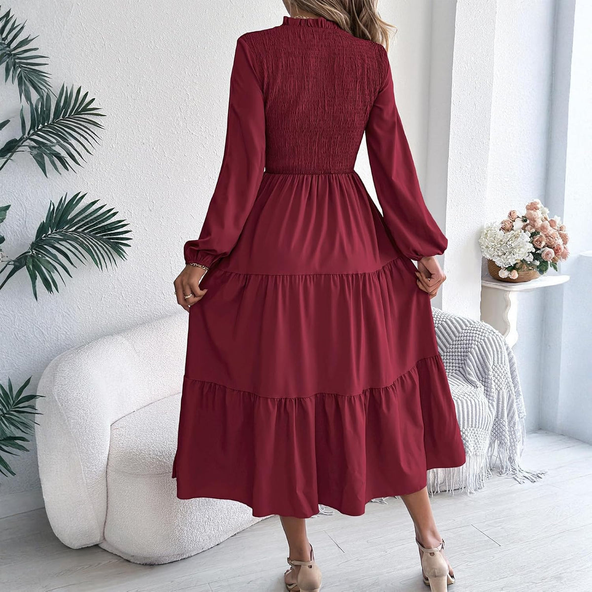 Womens smocked bodice tiered midi dress, view 4