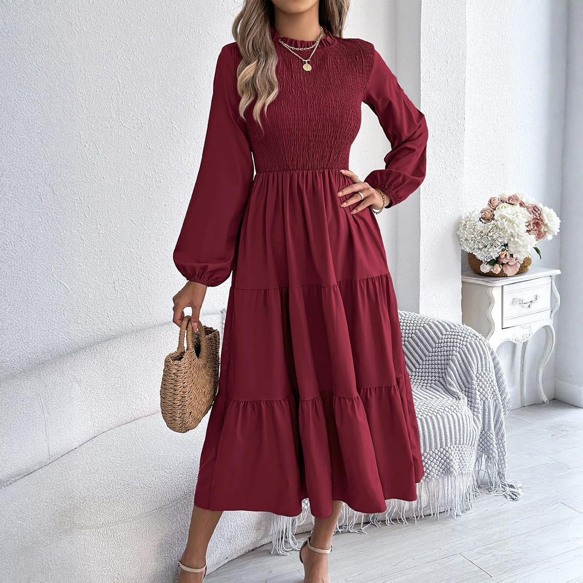 Womens smocked bodice tiered midi dress, view 2