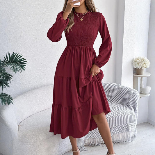 Womens smocked bodice tiered midi dress, view 1
