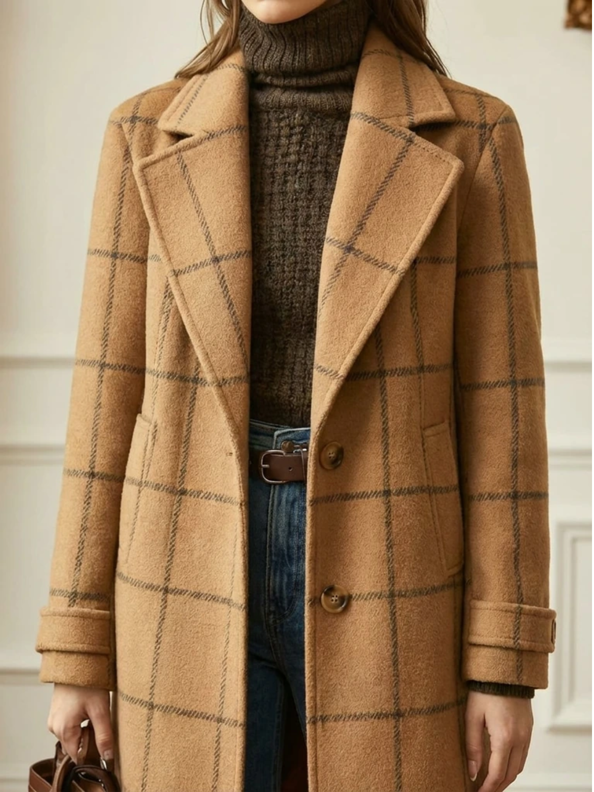 Daisy | Wool Blend Checked Coat with Lapel Collar and Belt