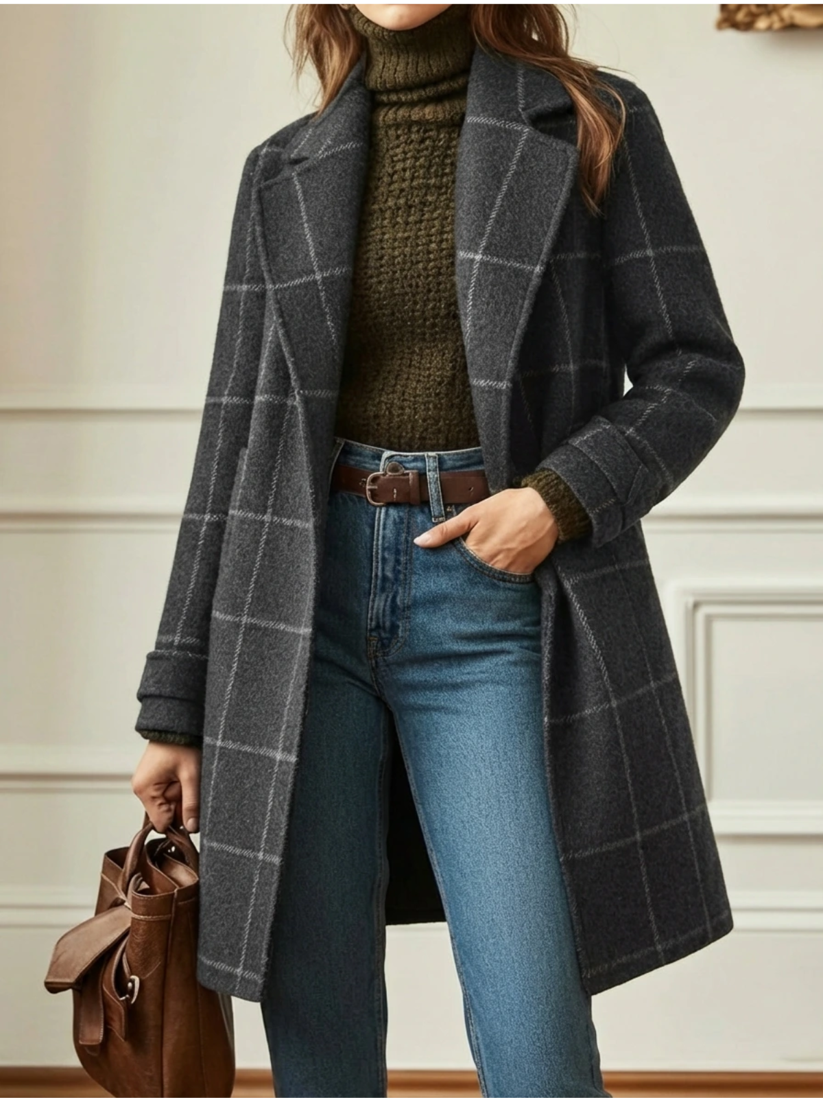 Daisy | Wool Blend Checked Coat with Lapel Collar and Belt