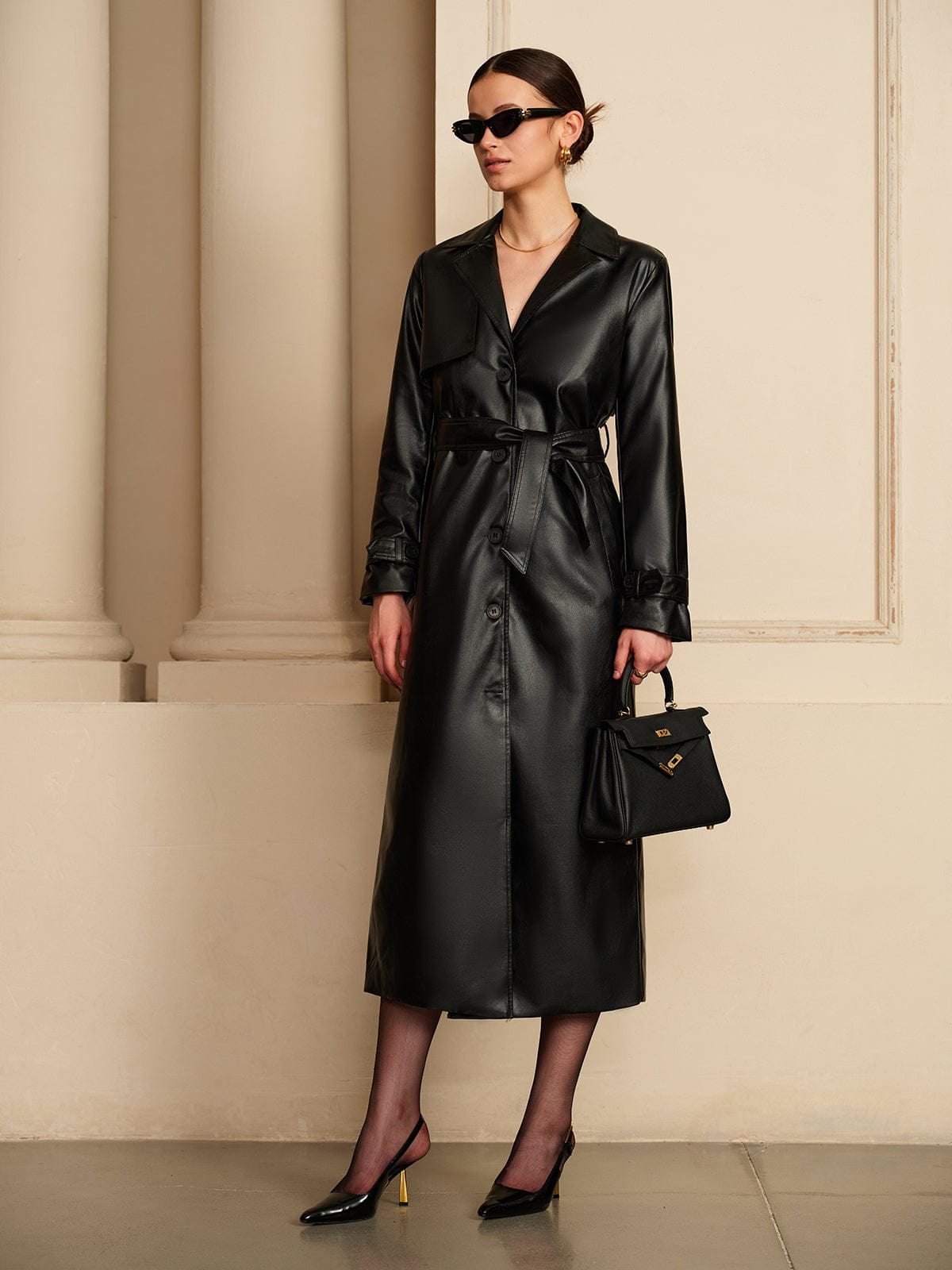 Imogen womens faux leather maxi trench coat