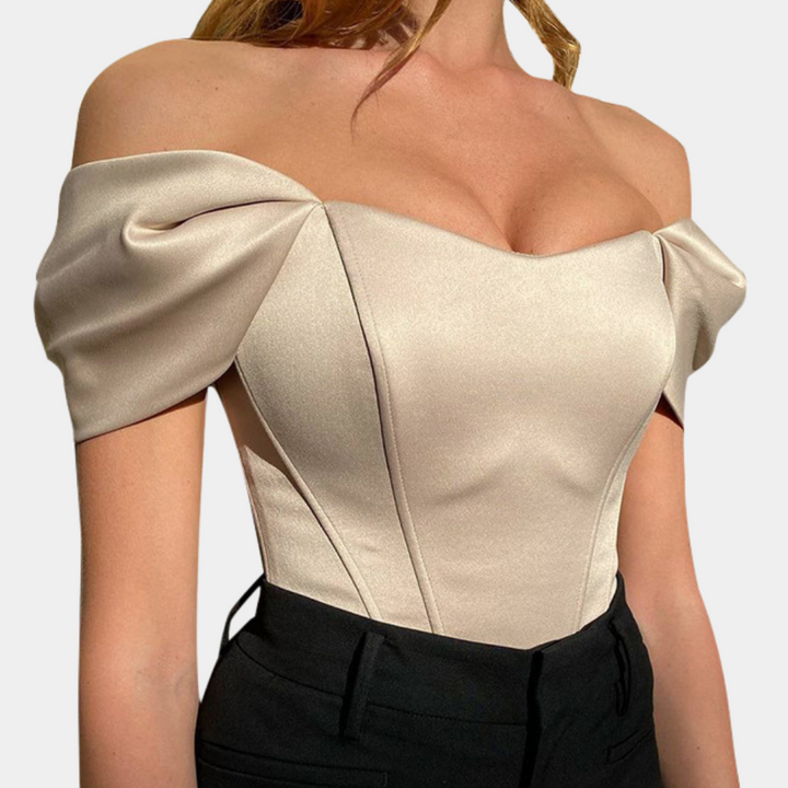 Womens off-shoulder satin corset bodysuit top, view 3