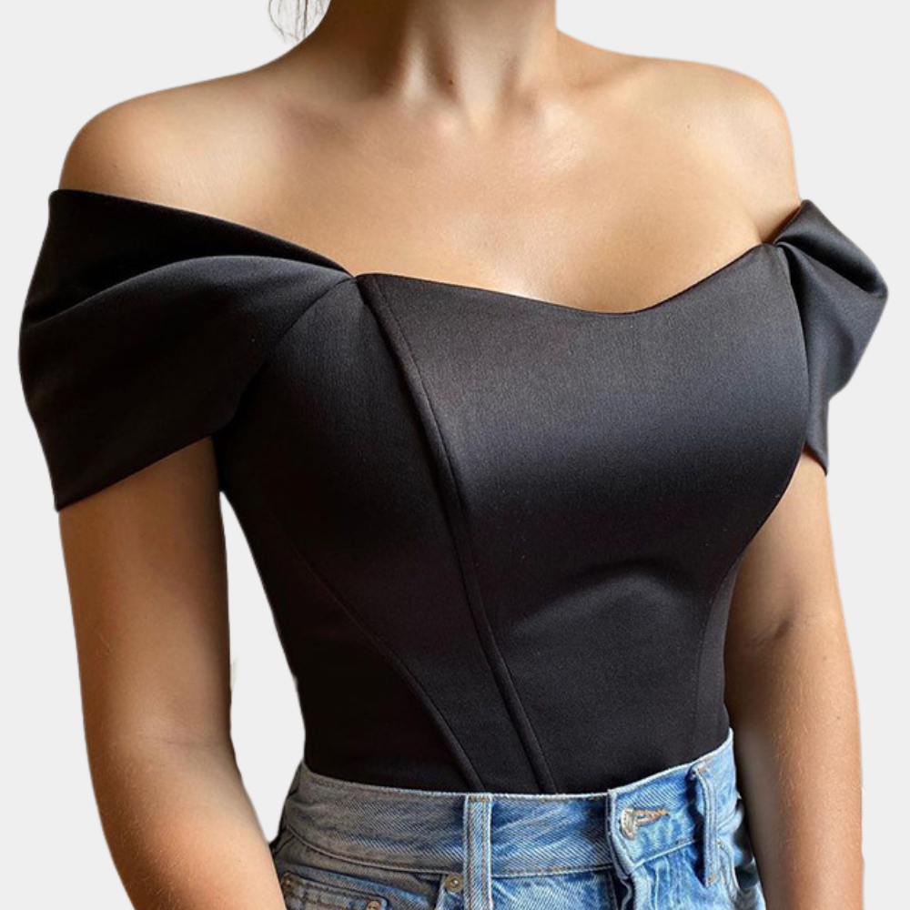 Womens off-shoulder satin corset bodysuit top, view 4