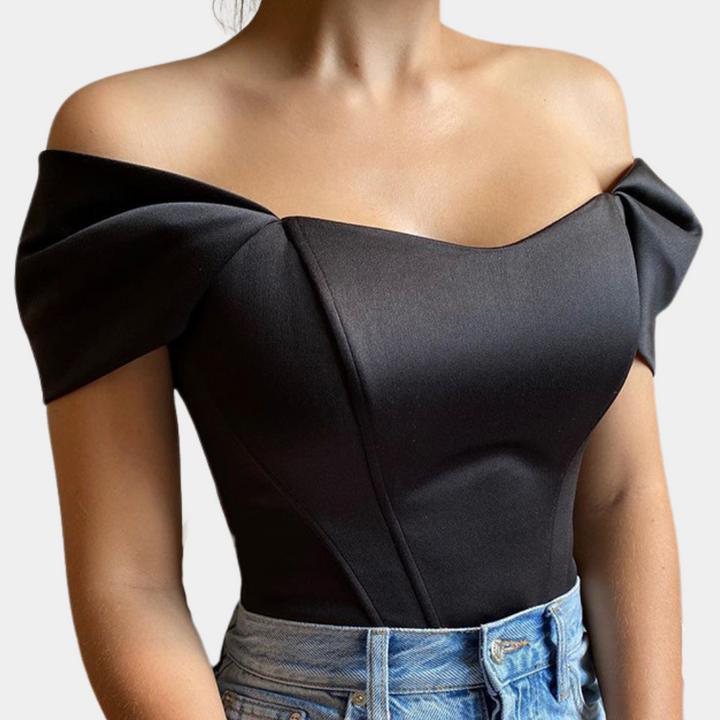 Womens off-shoulder satin corset bodysuit top, view 4