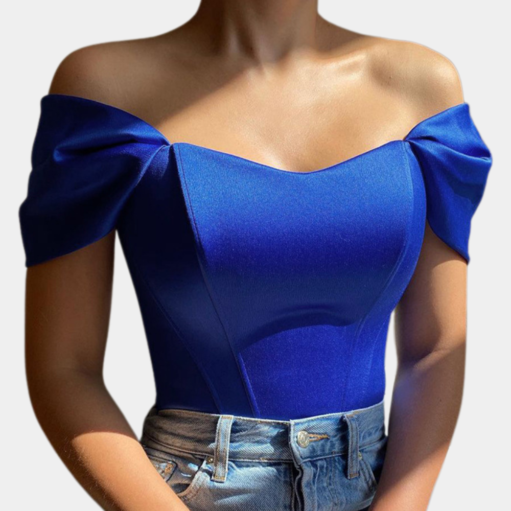 Womens off-shoulder satin corset bodysuit top, view 5
