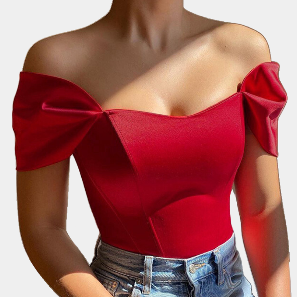 Womens off-shoulder satin corset bodysuit top, view 6