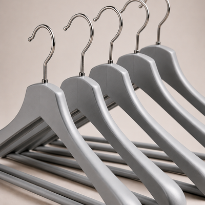 Grey Wooden Suit Hangers with Chrome Hook — Set of 5