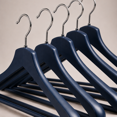 Blue Wooden Suit Hangers with Chrome Hook — Set of 5