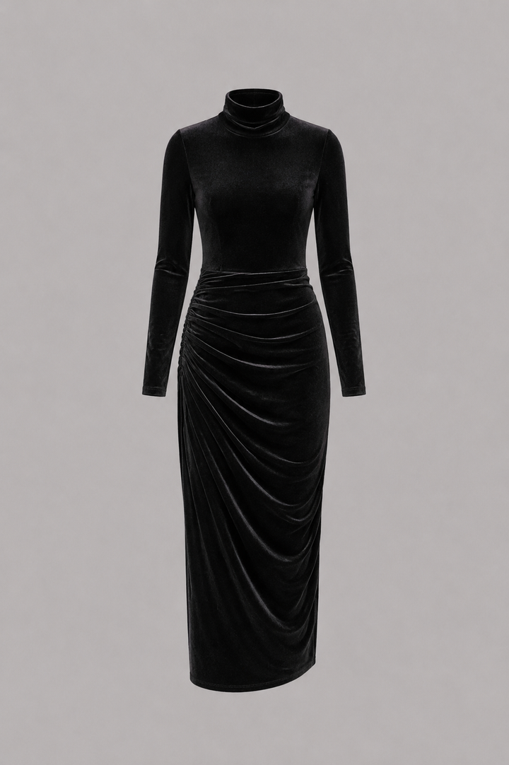 Poppy | Black Velvet Ruched Midi Dress