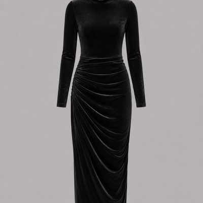 Poppy | Black Velvet Ruched Midi Dress