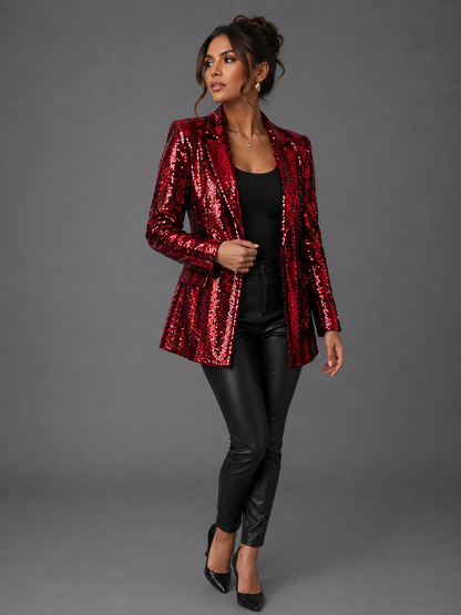 Womens sequin blazer jacket open front, view 6