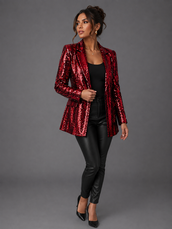 Womens sequin blazer jacket open front, view 6