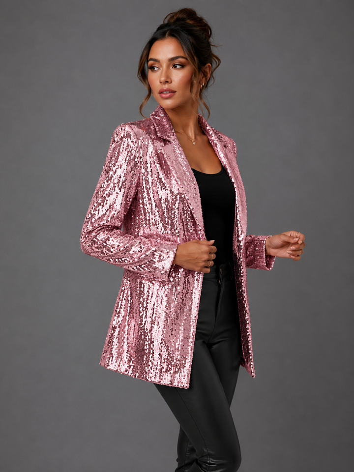 Womens sequin blazer jacket open front, view 7