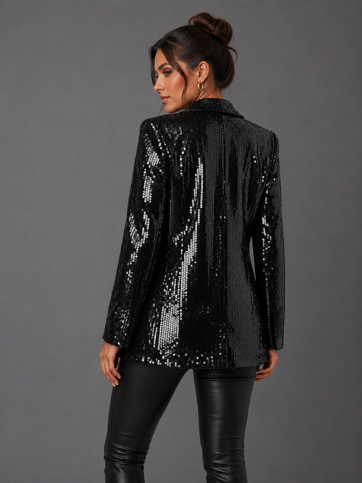 Womens sequin blazer jacket open front, view 8