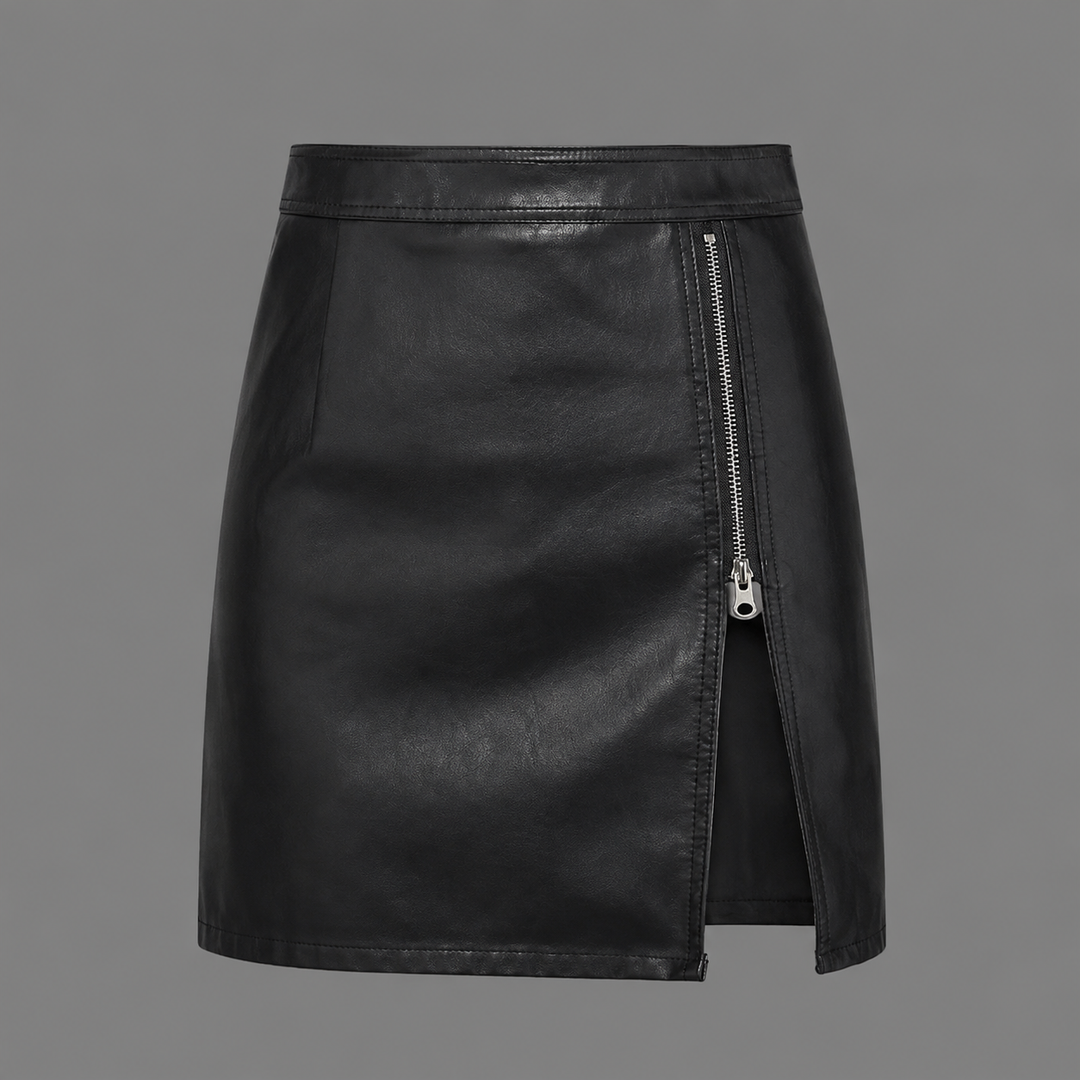 Womens black faux leather mini skirt zip front, view 1