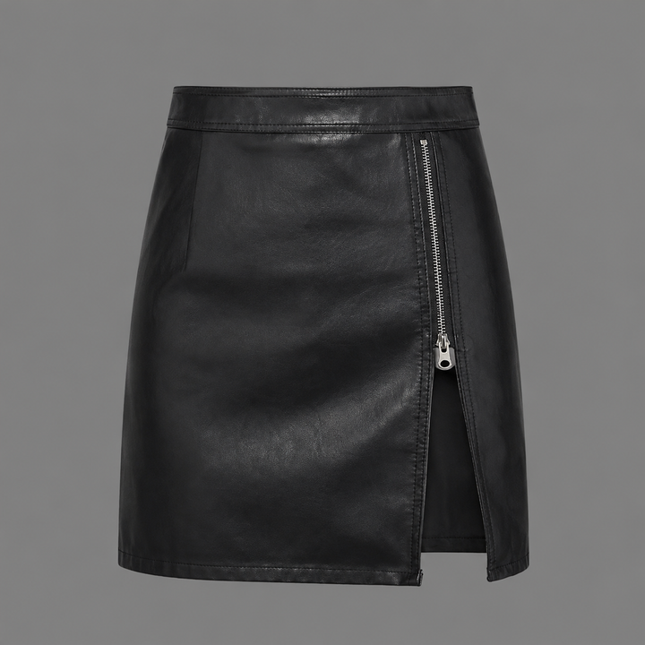 Womens black faux leather mini skirt zip front, view 1