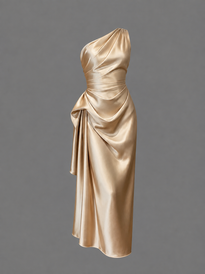 Womens one-shoulder satin ruched midi dress, view 1
