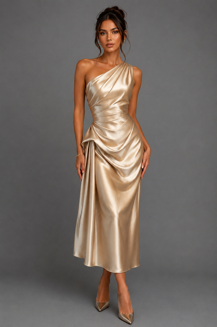 Womens one-shoulder satin ruched midi dress, view 2