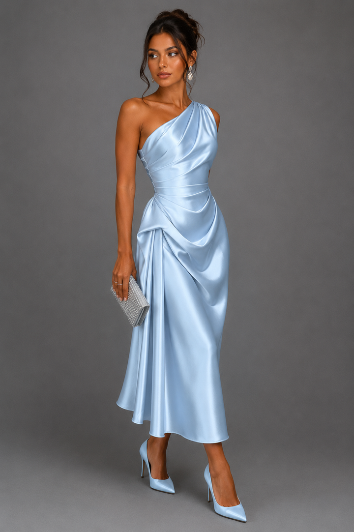 Womens one-shoulder satin ruched midi dress, view 3
