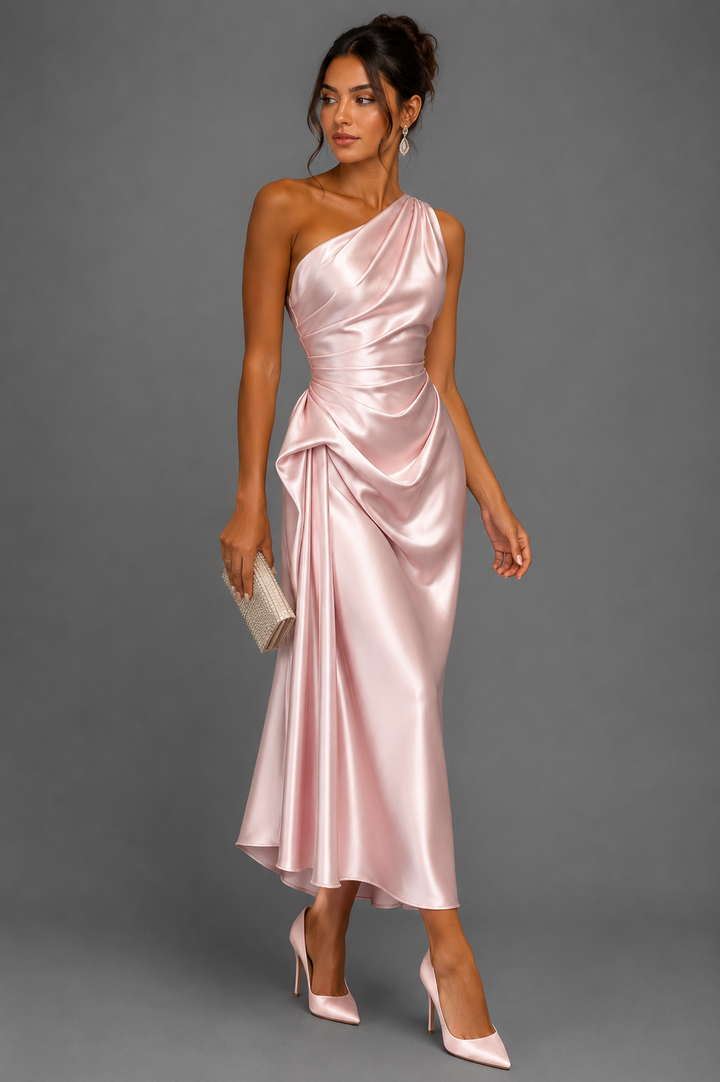 Womens one-shoulder satin ruched midi dress, view 4