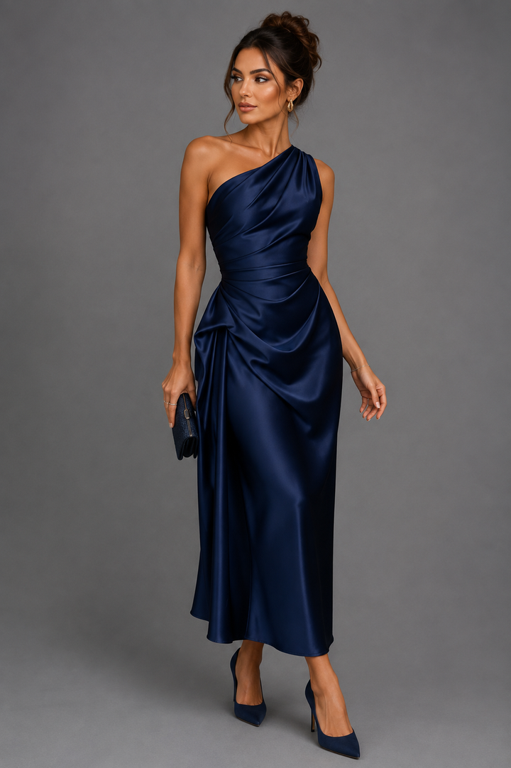 Womens one-shoulder satin ruched midi dress, view 5