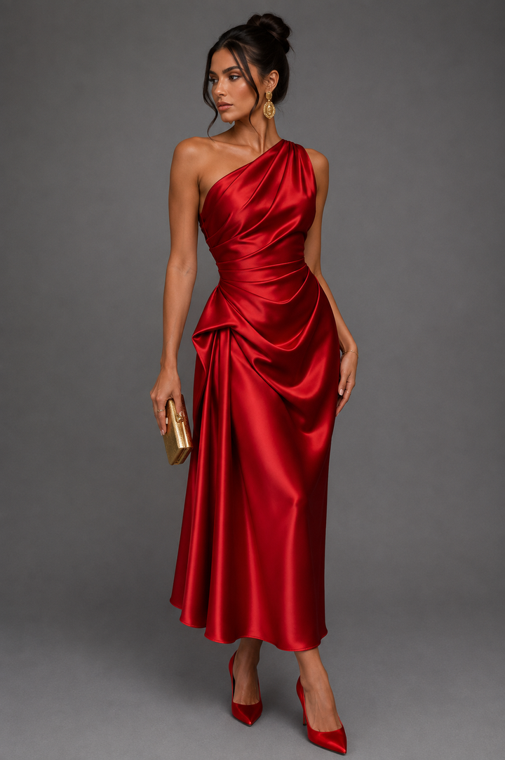 Womens one-shoulder satin ruched midi dress, view 6