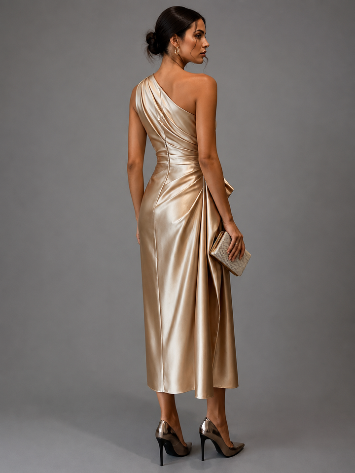 Womens one-shoulder satin ruched midi dress, view 7