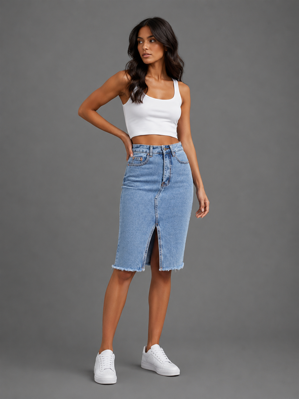 Womens high waist midi denim skirt, view 2