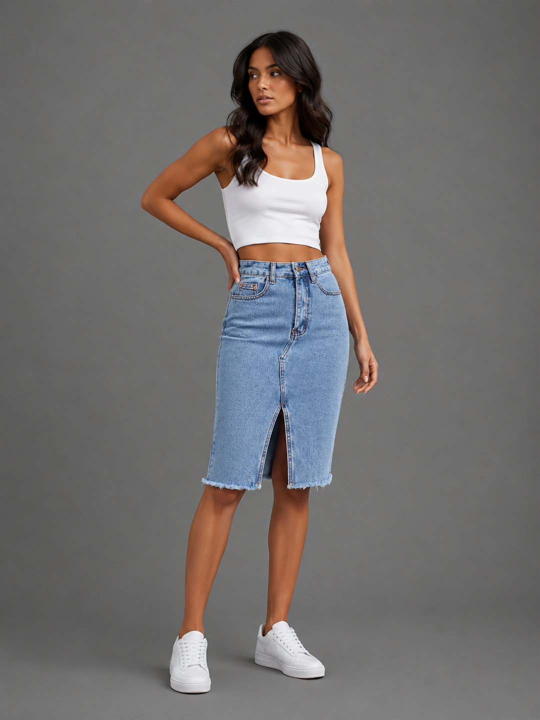 Womens high waist midi denim skirt, view 2