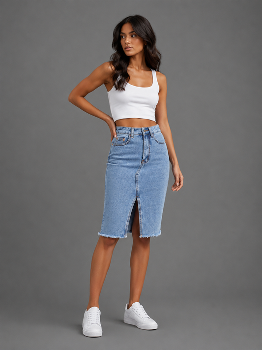 Womens high waist midi denim skirt, view 2