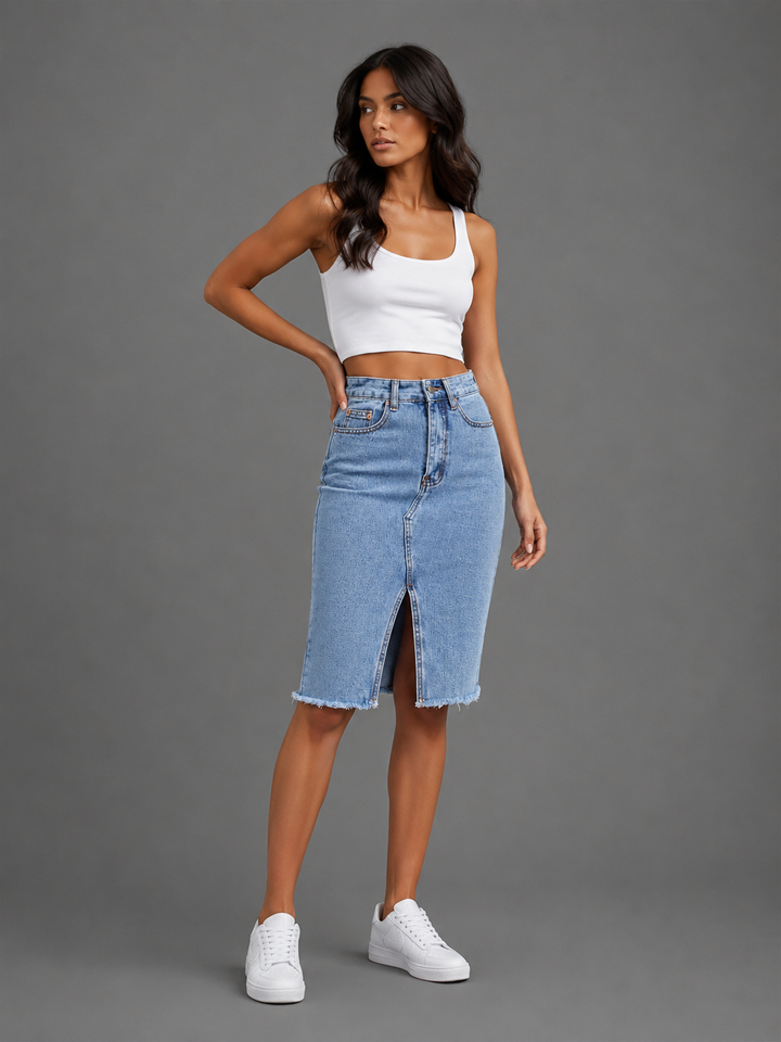 Womens high waist midi denim skirt, view 2